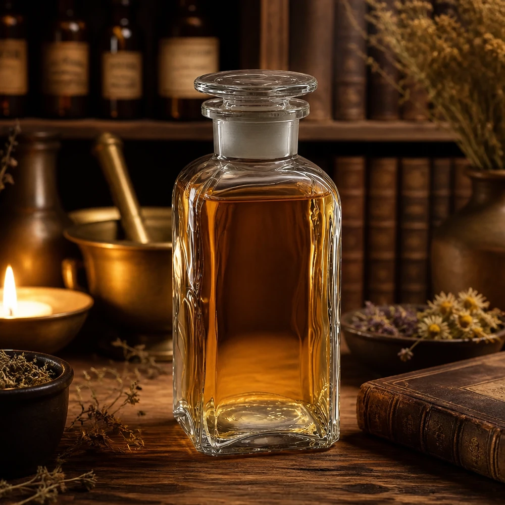 Kwadratowa butelka 350 ml, przezroczysta, szklana zatyczka z szeroką szyjką Butelka apteczna 350 ml, kwadratowa, z szeroką szyjką i szklanym korkiem, przeznaczona do olejków i nalewek