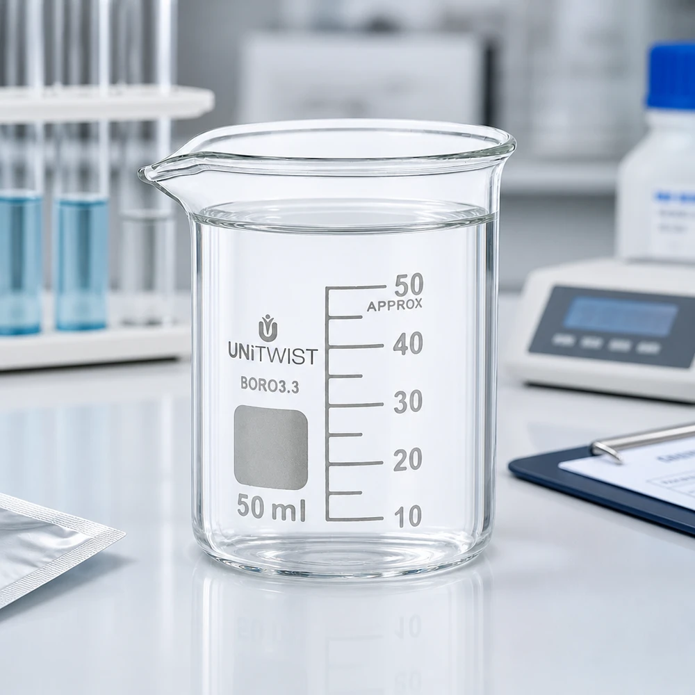 Pusta zlewka 50 ml UNiTWIST o niskim profilu, wykonana ze szkła borokrzemowego, z wygrawerowaną skalą mililitrową