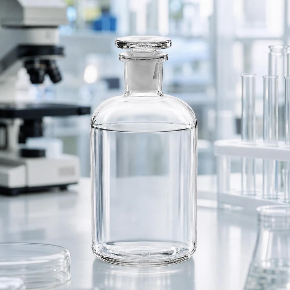 Przezroczysta butelka laboratoryjna o pojemności 500 ml z wąską szyjką i szklanym korkiem na białym stole laboratoryjnym