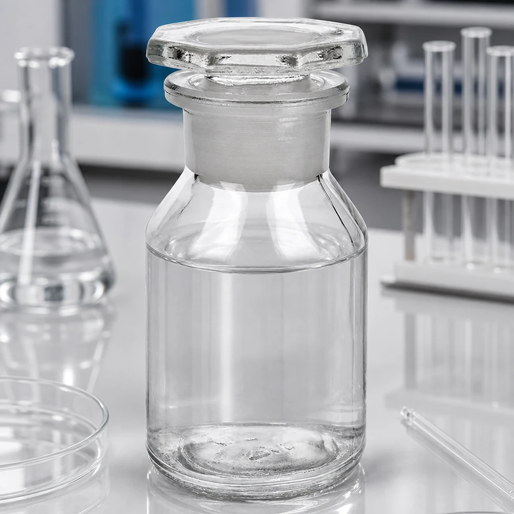 Butelka z prostymi ściankami, 50 ml, przezroczysta, z szeroką szyjką i szlifowanym korkiem szklanym, zapewniająca bezpieczne przechowywanie