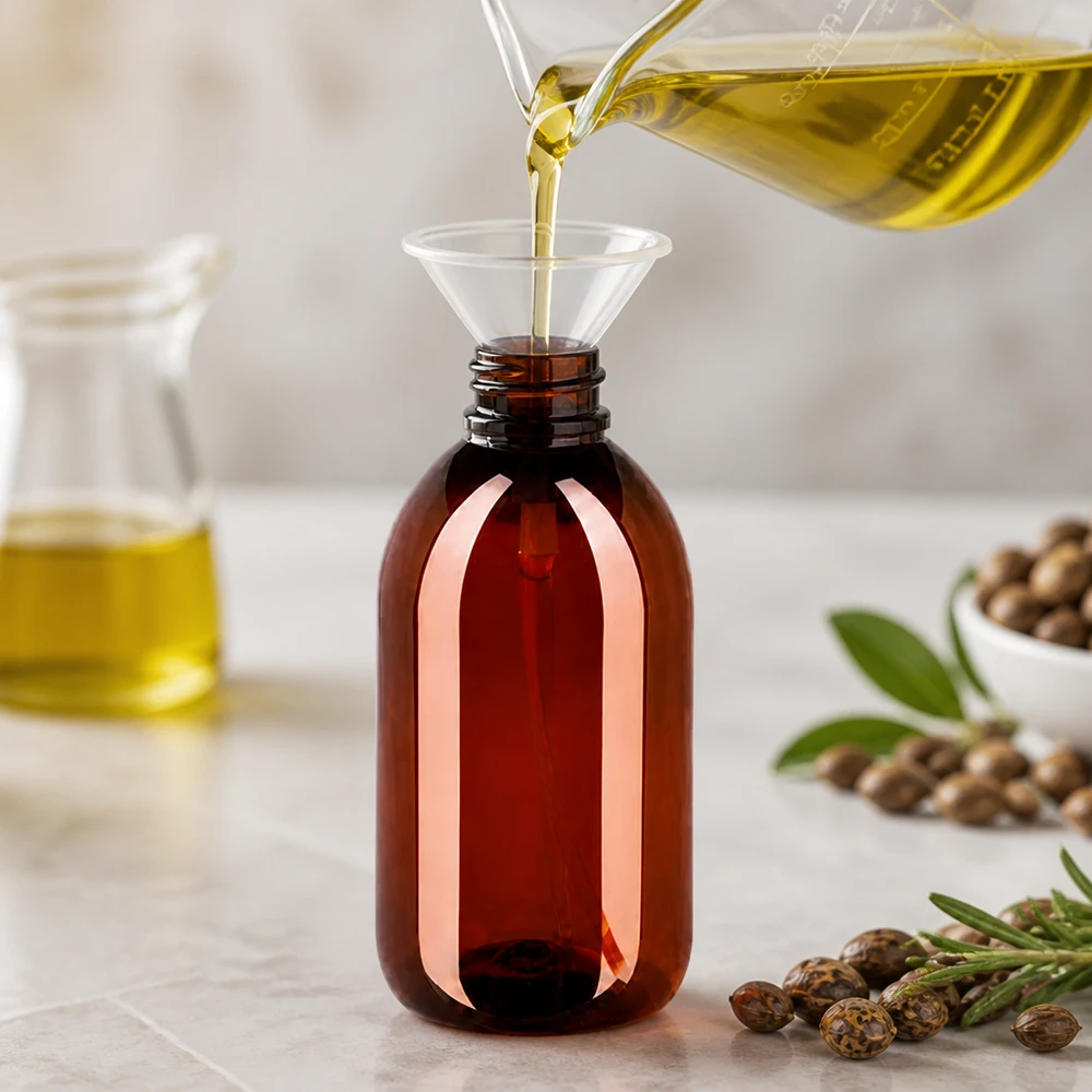 Butelka PET 250ml z atomizerem biała Herstellung von Naturkosmetik Öl in bernsteinfarbener 250ml PET Flasche befüllen