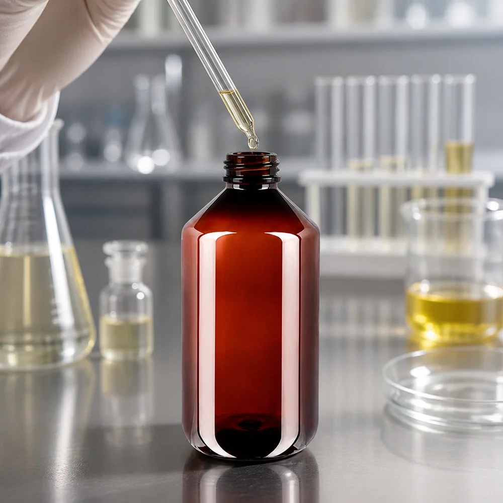 Butelka chroniąca przed światłem, 500 ml, PET, brązowa, z niebieskim zamknięciem typu OV, przeznaczona do substancji wrażliwych na światło