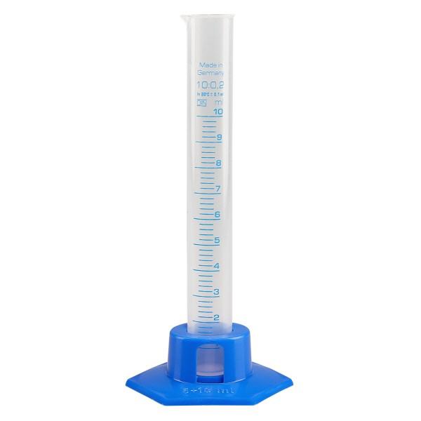 Cylinder miarowy PP o pojemności 10 ml z niebieską podstawą Cylinder miarowy PP o pojemności 10 ml z niebieską podstawą