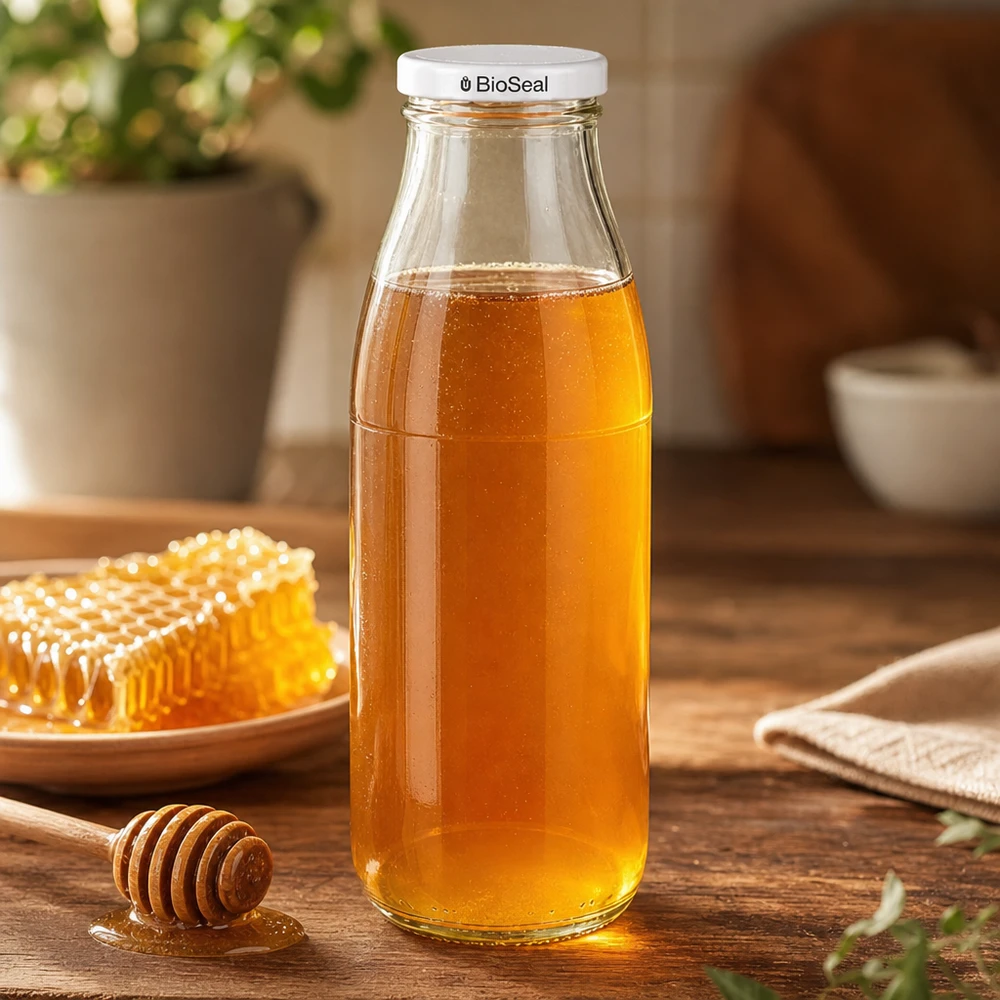 Butelka szklana 500 ml + pokrywka BioSeal biała UNiTWIST. Całkowicie szczelna z dużą pokrywką TO48. Do mleka, soków i lemoniady. 500 ml szklana butelka wypełniona miodem, biała pokrywa BioSeal, obok plastra miodu i łyżki miodu na drewnianym stole