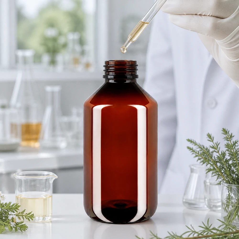 Brązowa butelka PET o pojemności 500 ml z pipetą kroplową w nowoczesnym laboratorium zajmującym się ekstraktami naturalnymi