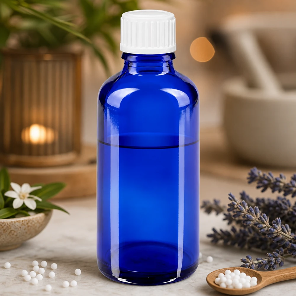 Butelka apteczna niebieska 50ml zakrętka białe kuleczki St Globulki homeopatyczne w niebieskiej szklanej butelce aptecznej o pojemności 50 ml z białym zamknięciem zabezpieczającym przed dziećmi