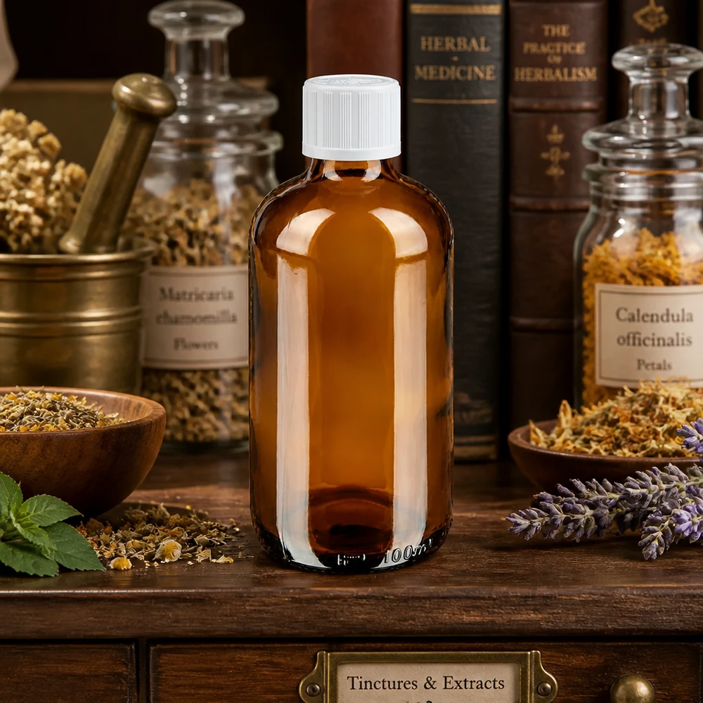 Butelka apteczna brązowa 100ml z kroplomierzem biała KiSi St Butelka apteczna z brązowego szkła o pojemności 100 ml z zamknięciem KiSi, przeznaczona do przechowywania książek o ziołach i roślin leczniczych
