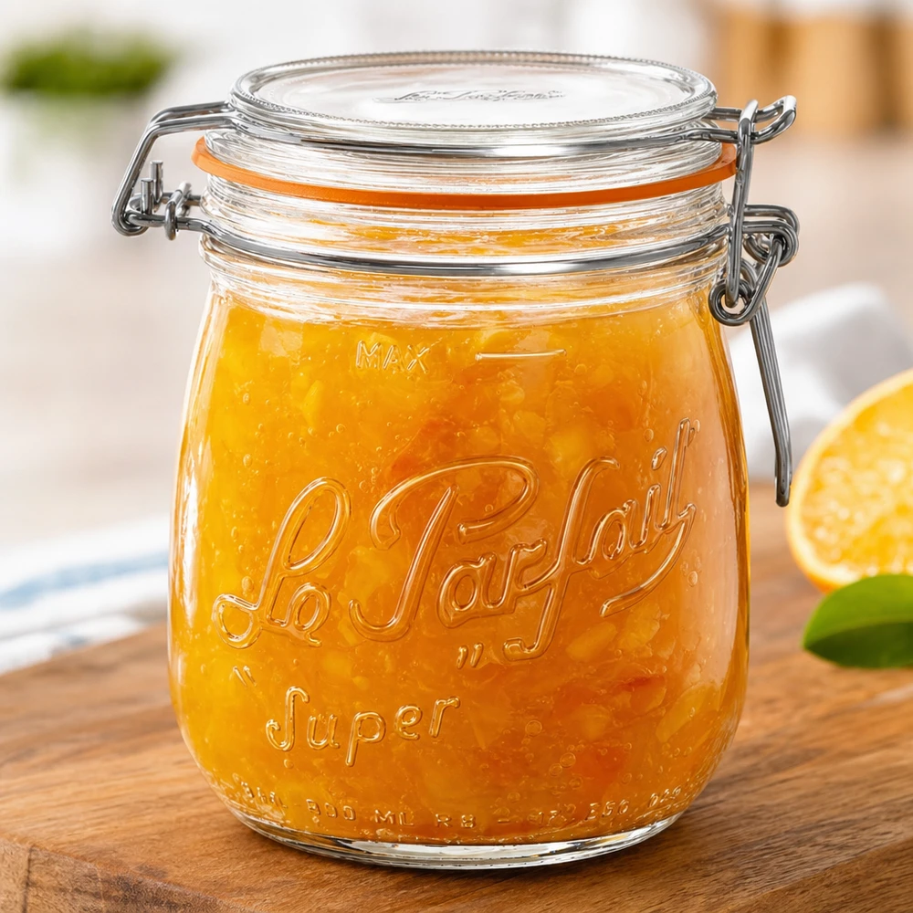 Słoik do przechowywania Le Parfait Super o pojemności 750 ml z uchylną pokrywką wypełniony marmoladą pomarańczową na drewnianej desce