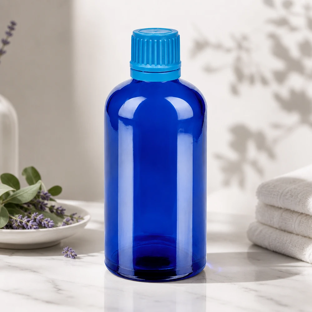 Butelka 100 ml 11 mm SV niebieski OV BlueLine UT18/100 100 ml szklana butelka BlueLine z ochroną UV dzięki niebieskiemu zabarwieniu dla substancji wrażliwych na światło