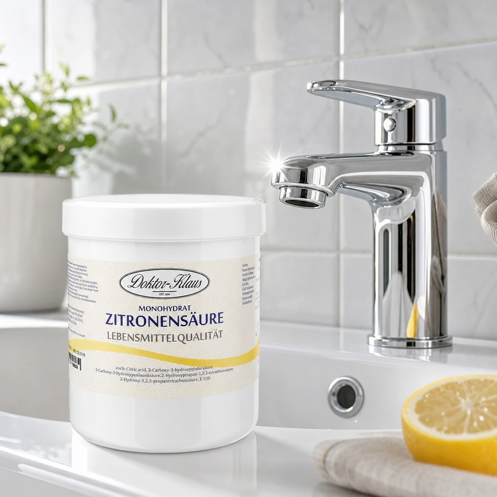 500g kwasu cytrynowego Doktor-Klaus 500 g kwasku cytrynowego Doktor-Klaus w nowoczesnej łazience obok błyszczącego kranu do odkamieniania