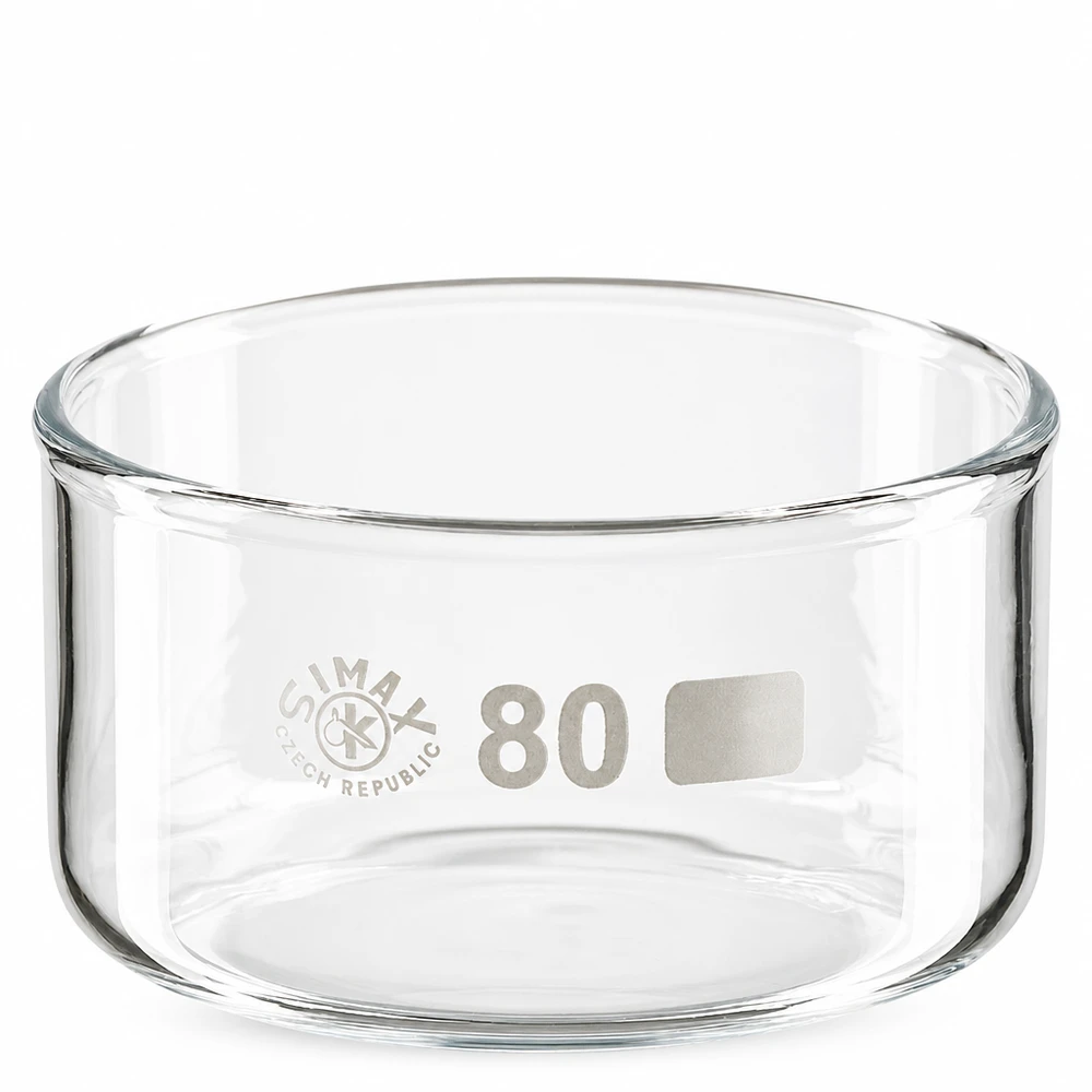 Miska do krystalizacji o pojemności 150 ml, wykonana z przezroczystego szkła borokrzemowego, bez wylewki, średnica 80 mm, marki SIMAX