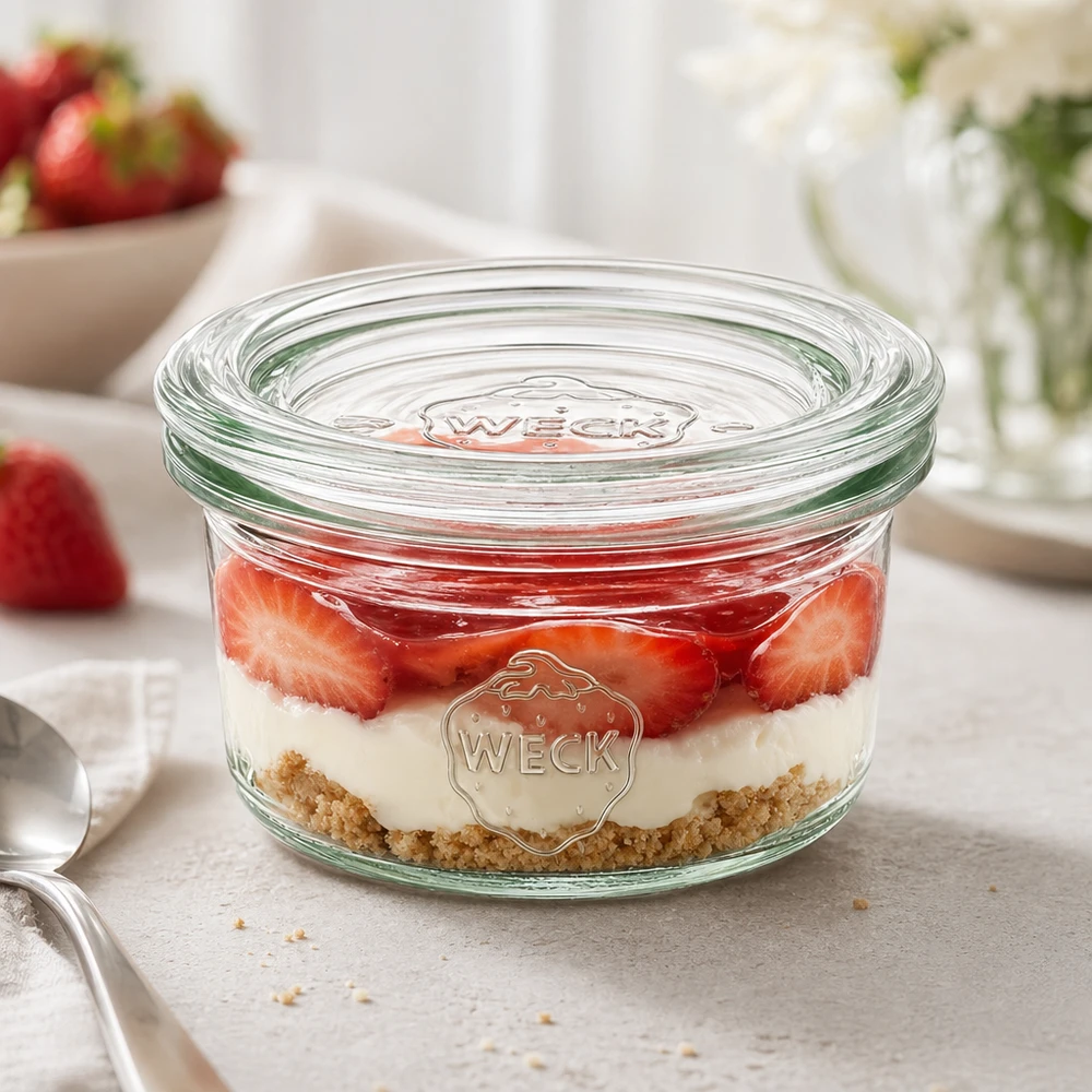 Kubki o pojemności 50 ml ze szklaną pokrywką WECK RR60 Kubki WECK 50ml RR60 z warstwowym deserem z truskawek i śmietany jako eleganckie porcjowanie na białym blacie kuchennym