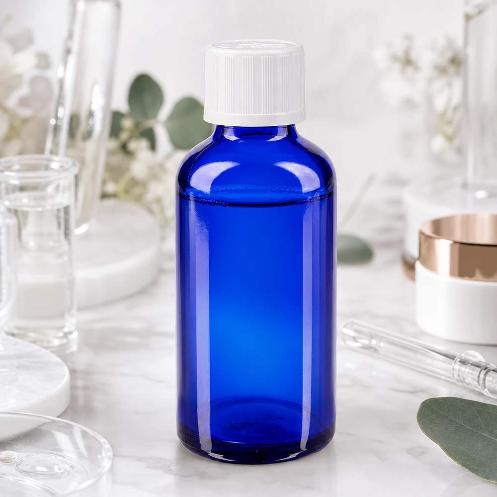 Butelka apteczna niebieska 50ml zakrętka biała KiSi St Kobaltowo-niebieska butelka apteczna o pojemności 50 ml z białym zamknięciem zabezpieczającym przed dziećmi w otoczeniu laboratoryjnym