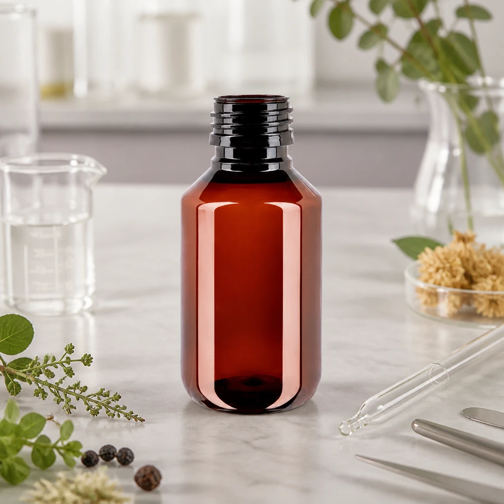 Pusta brązowa butelka z tworzywa sztucznego o pojemności 100 ml, z gwintem PP28, na marmurze obok pipety i naturalnych ziół