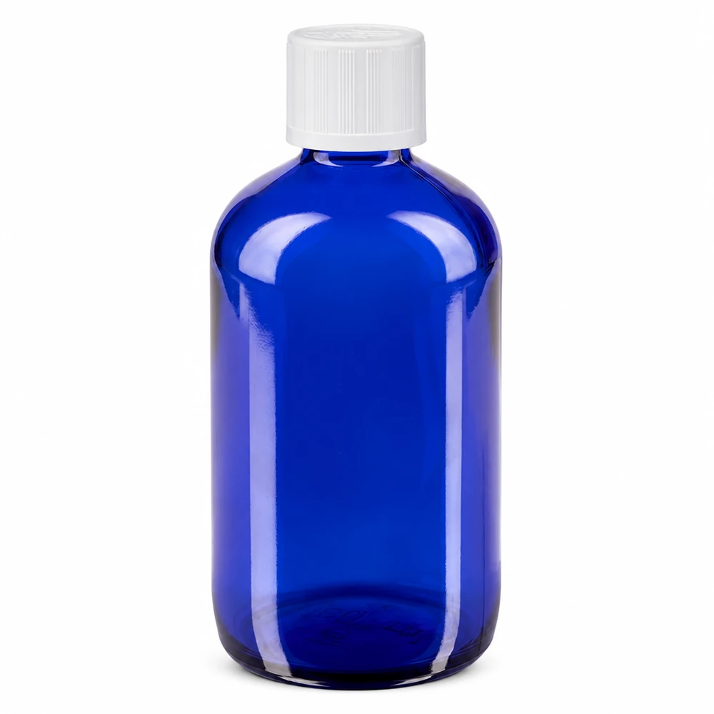 Niebieska szklana buteleczka apteczna o pojemności 100 ml z białym zamknięciem zabezpieczającym przed dziećmi i wkładem kroplomierzem o średnicy 1,2 mm