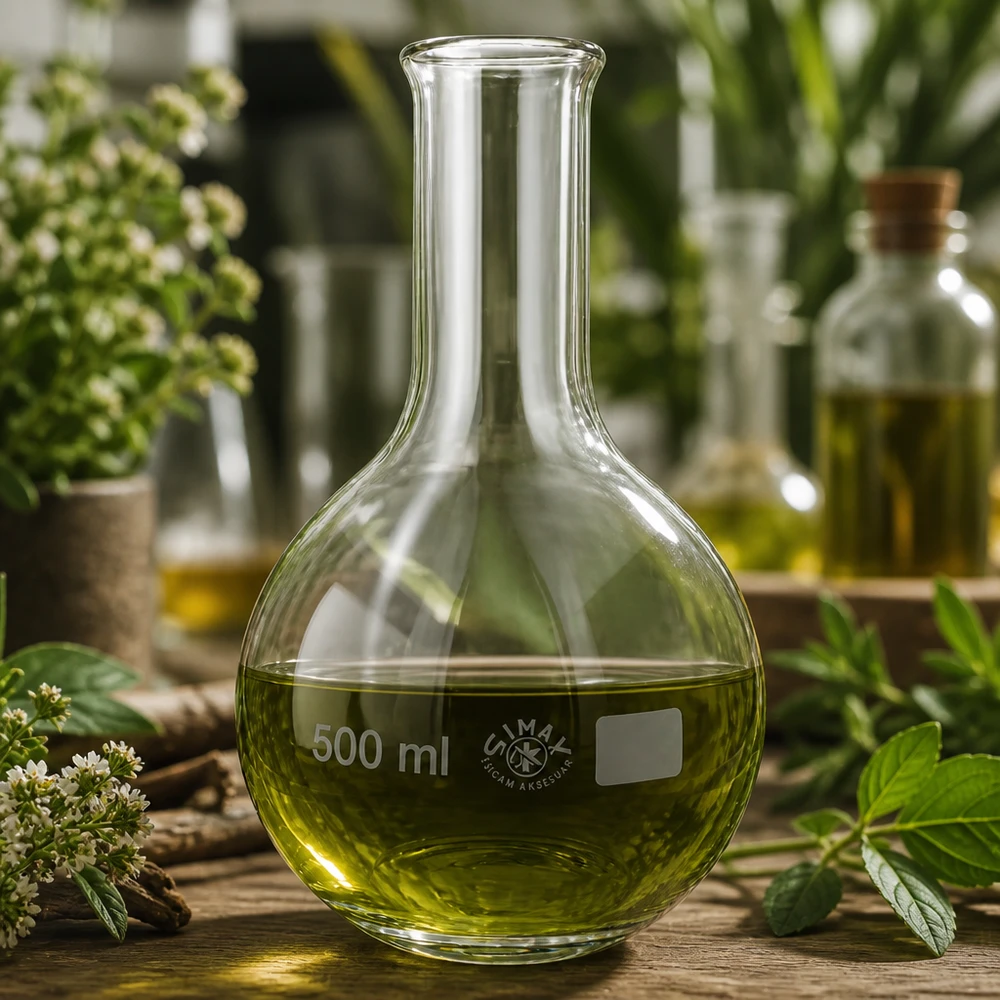Kolba okrągłodenna 500 ml z wąską szyjką i zieloną substancją do ekstraktów botanicznych i destylacji