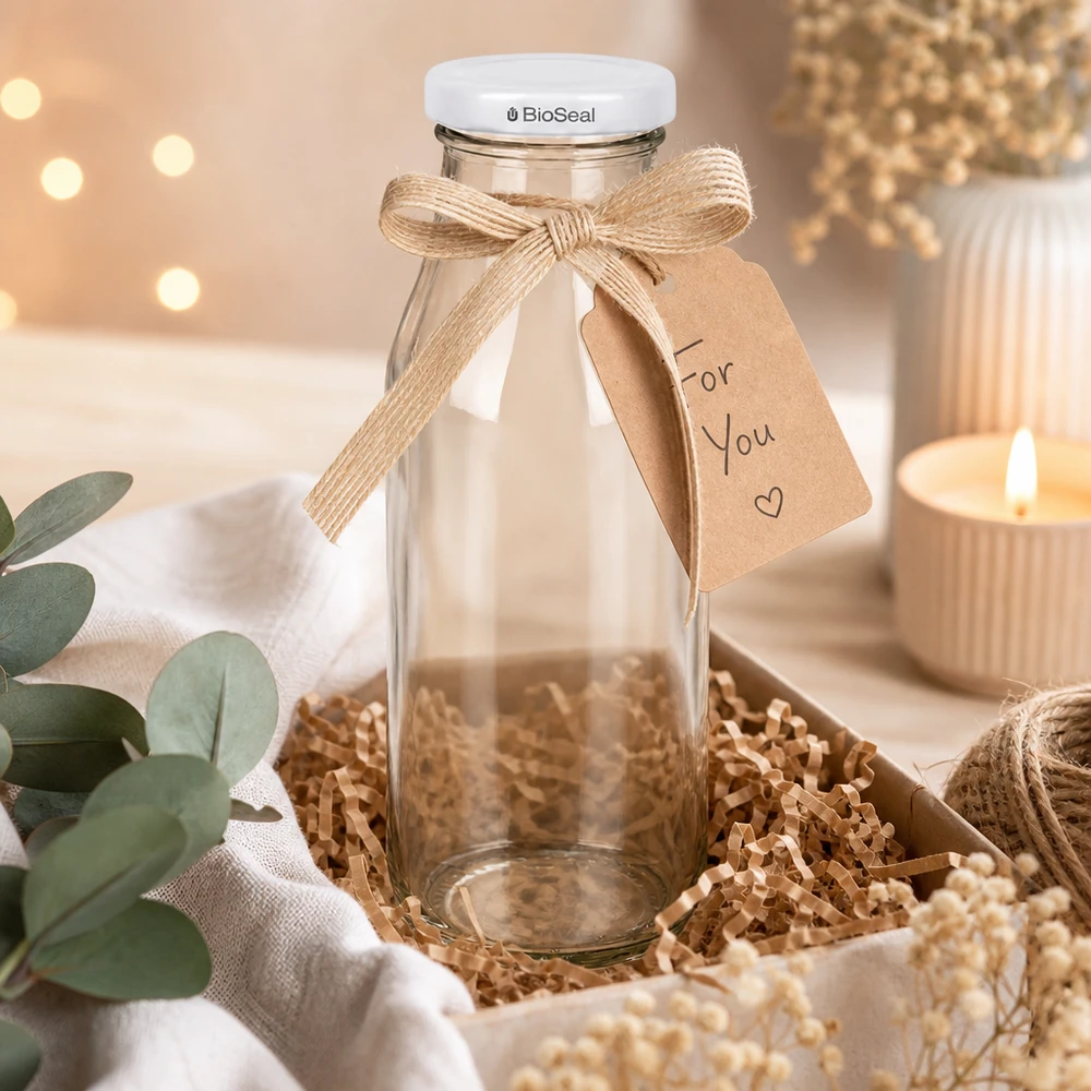 Butelka UNiTWIST263 z białą pokrywką TO43 BioSeal UNiTWIST Bottle263 Glasflasche mit weißem TO43 BioSeal Deckel als Geschenk dekoriert mit Schleife und Anhänger