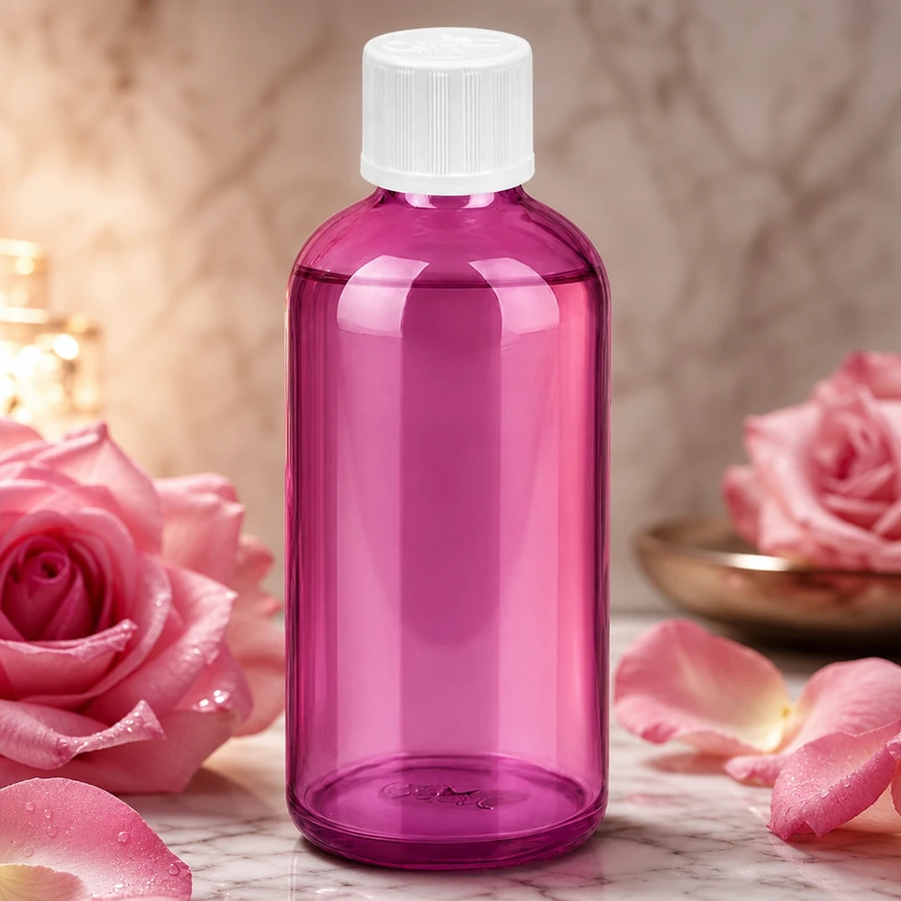 Fioletowa szklana butelka 100 ml z białą zakrętką i zakraplaczem 1,2 mm do olejków eterycznych