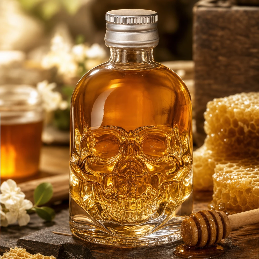 50 ml szklana butelka Hector wypełniona miodem obok plastra miodu i łyżki miodu w rustykalnej kuchni