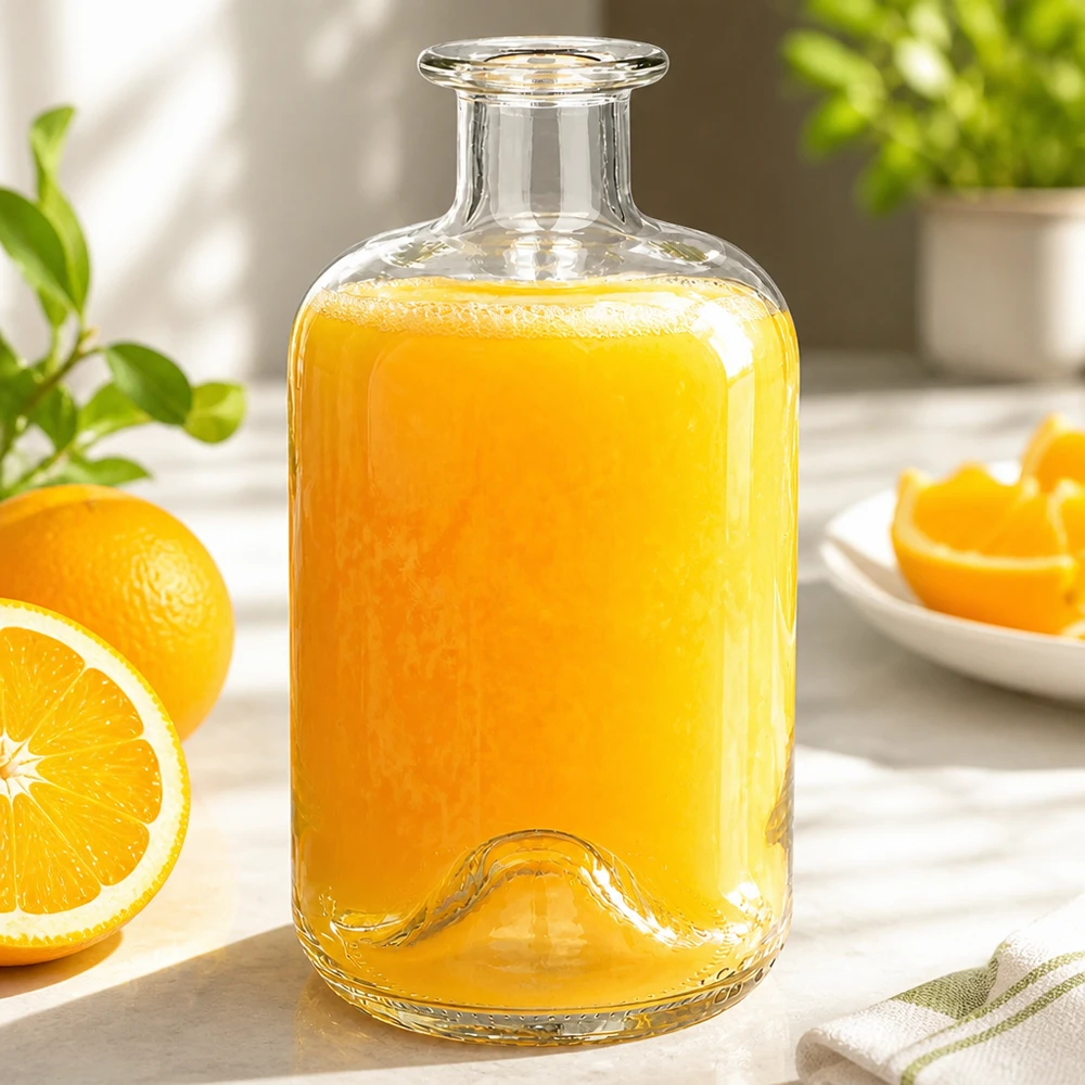 Butelka apteczna 500ml Glasflasche "Luna" ohne Verschluss UNiTWIST 500 ml bez zamknięcia UNiTWIST® 500 ml szklana butelka Luna wypełniona świeżym sokiem pomarańczowym obok plasterków pomarańczy jako karafka na sok w kuchni