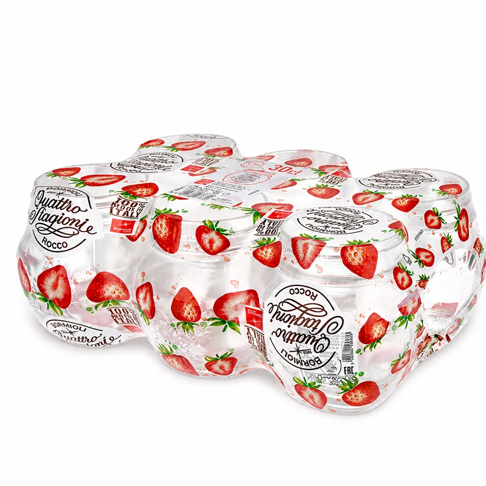 Szklanka do użytku domowego "Quattro Stagioni" o pojemności 300 ml Słoiki do przetworów Quattro Stagioni 300 ml z motywem truskawek Zestaw 6 słoików do przetworów do kuchni i przechowywania
