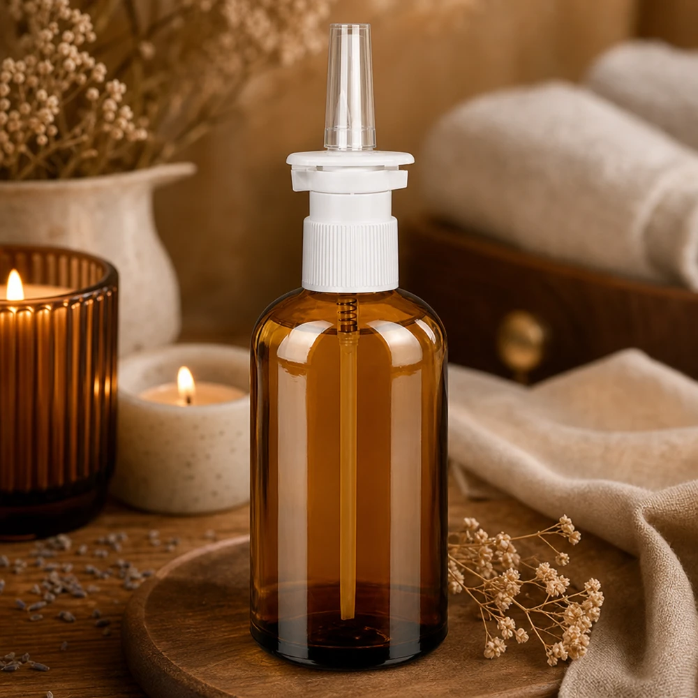 100 ml butelka z atomizerem do nosa, przezroczysta STD BrownLine UT18/100 Wysokiej jakości butelka z rozpylaczem do nosa o pojemności 100 ml, wykonana z eleganckiego brązowego szkła i wyposażona w praktyczną nasadkę rozpylającą.