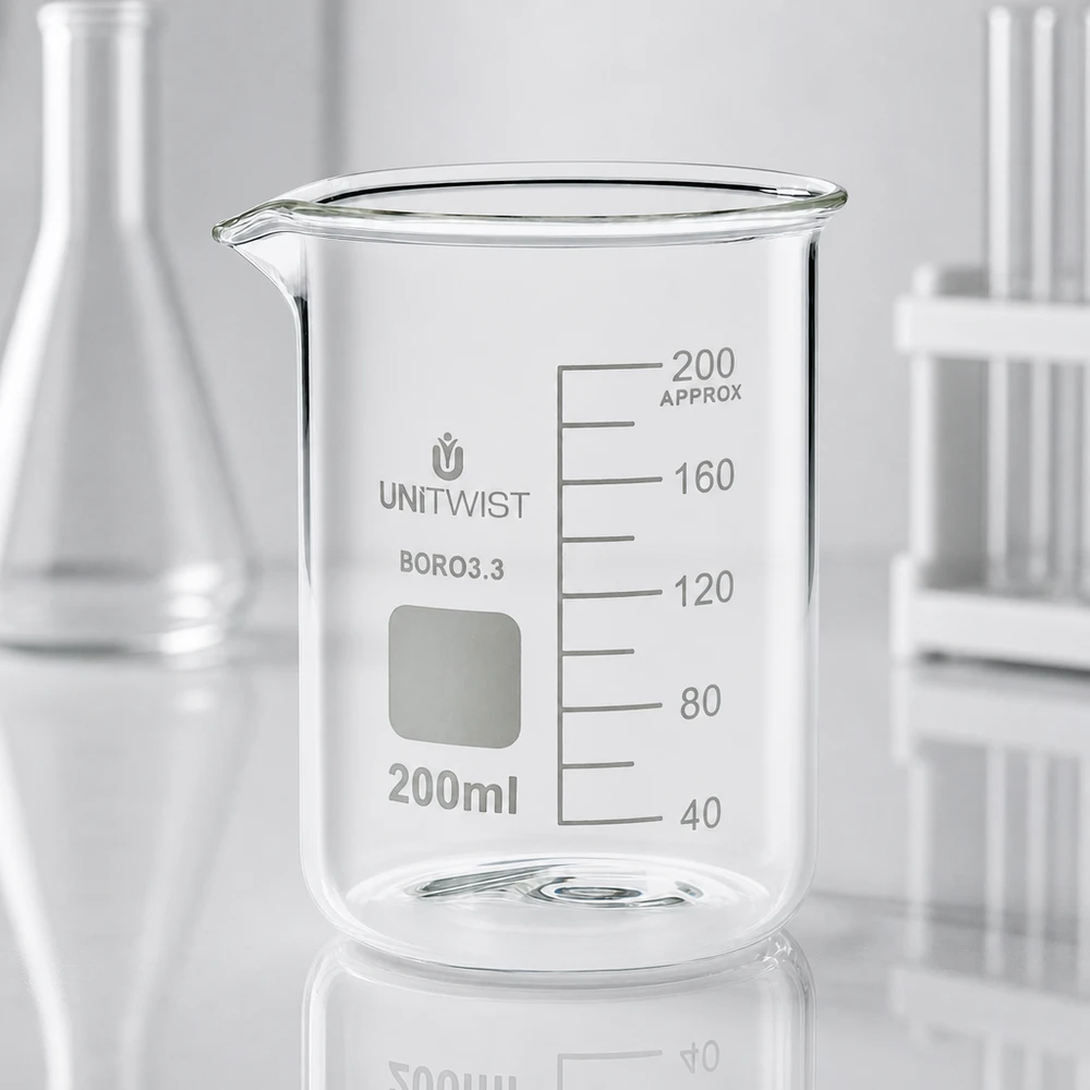 Szklanka UNiTWIST o pojemności 200 ml, wykonana z borokrzemianu, o niskim profilu, z białym polem do opisywania, przeznaczona do użytku laboratoryjnego