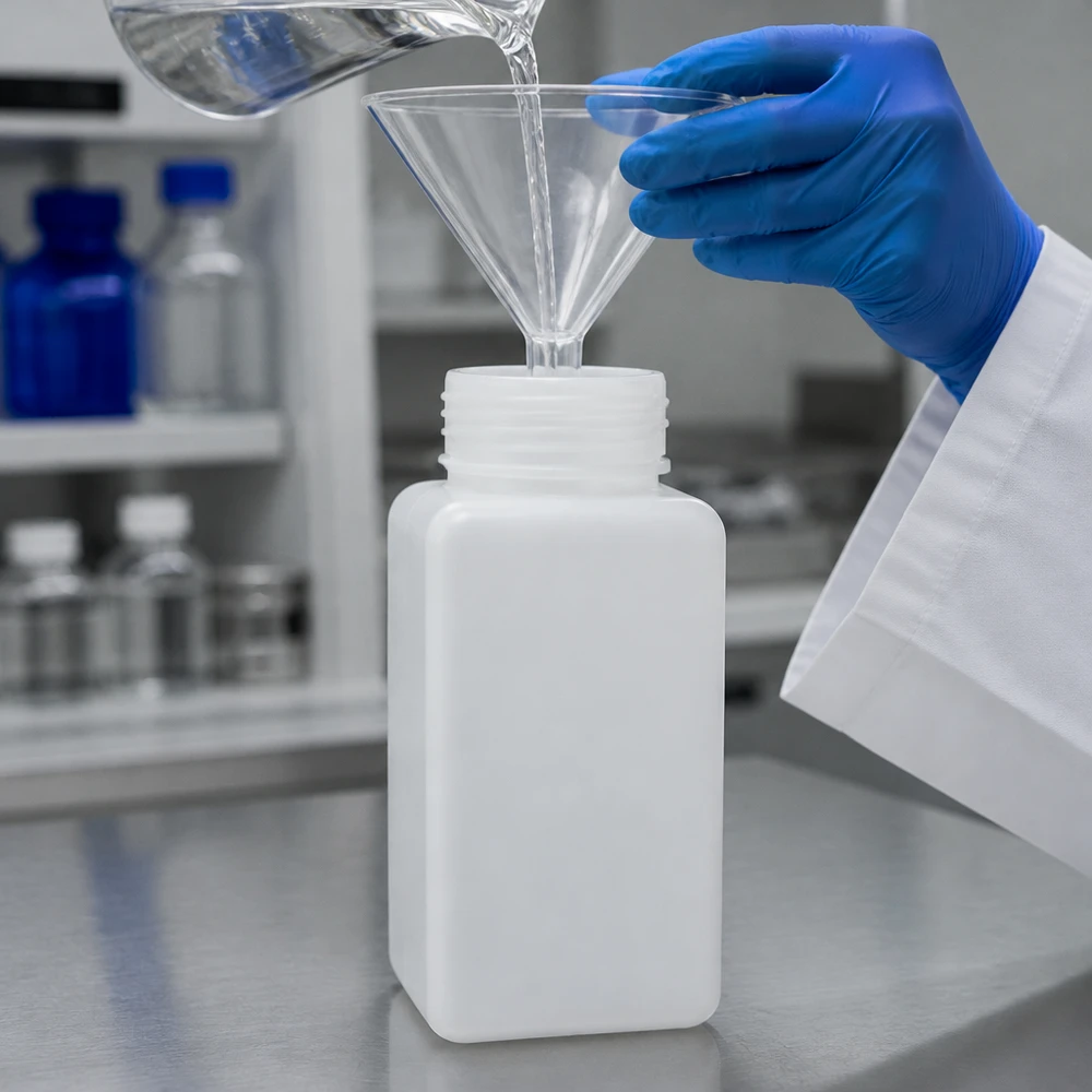Butelka na chemikalia o pojemności 1500 ml, z polietylenu wysokogęstościowego (PE-HD), z szeroką szyjką, w kolorze naturalnym, z lejkiem, do napełniania w laboratorium