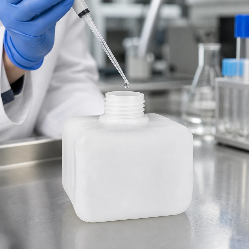 Laborant wlewa płyn pipetą do butelki na chemikalia z PE-HD o pojemności 250 ml, z wąską szyjką i gwintem GL28