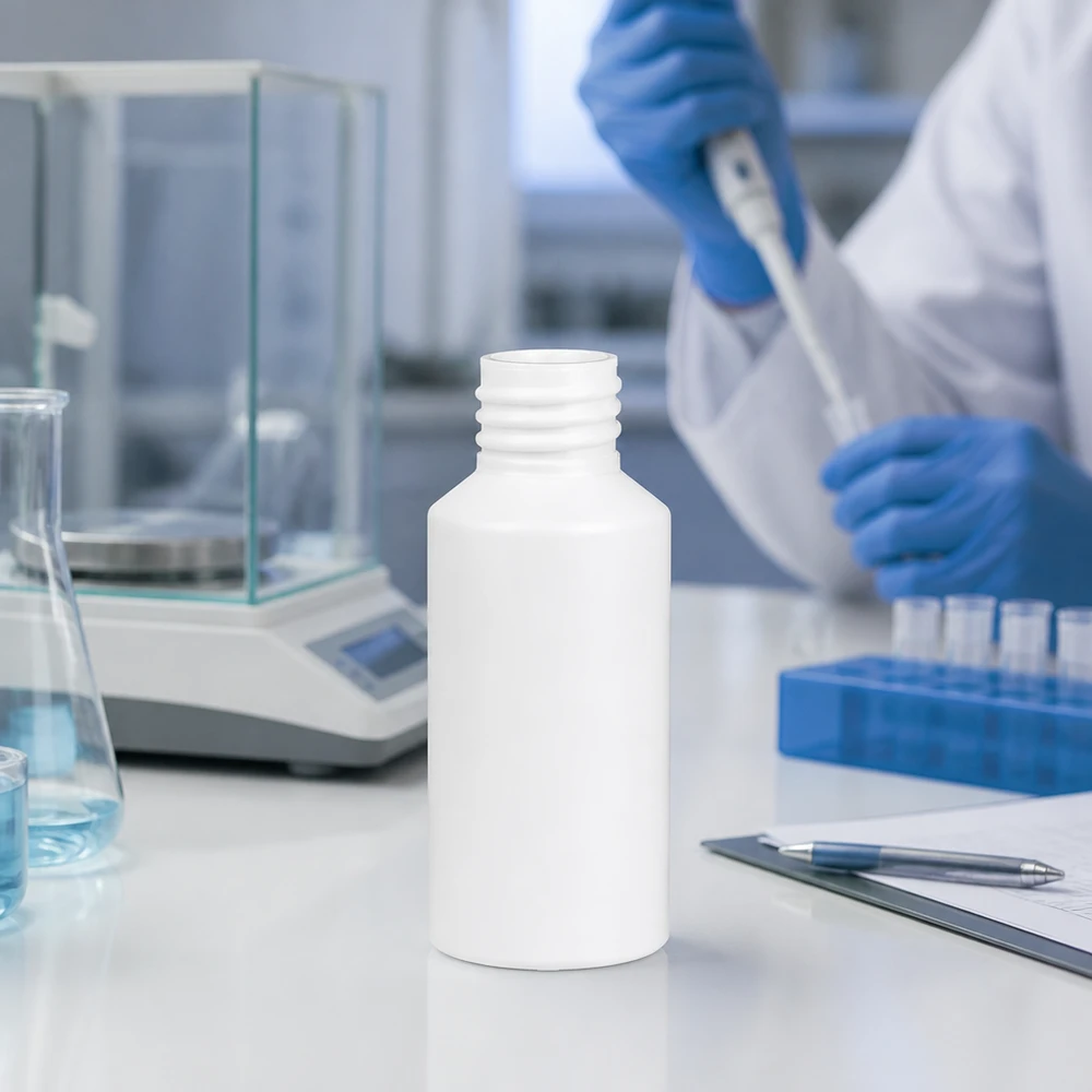 Butelka apteczna HDPE 50ml biała, bez zakrętki Mała biała butelka z tworzywa HDPE o pojemności 50 ml, bez nakrętki, na białym blacie w laboratorium