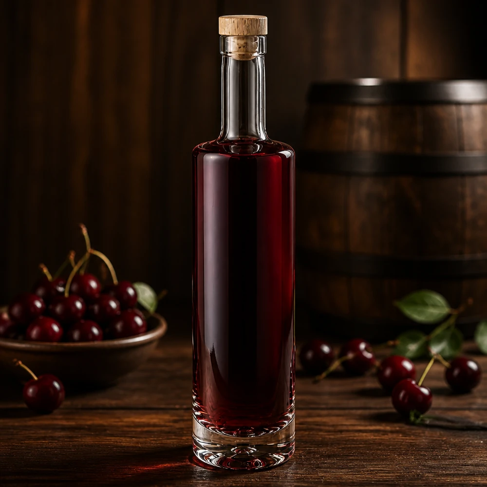 Butelka szklana 500 ml Lina z drewnianym korkiem UNiTWIST® 500ml szklana butelka Lina z drewnianym korkiem wypełniona likierem wiśniowym pomiędzy świeżymi wiśniami rustykalna drewniana dekoracja stołu