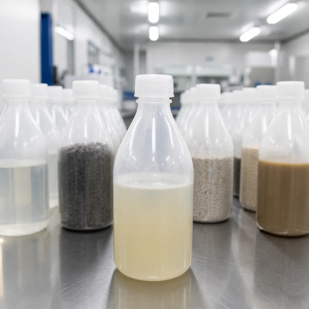 Kilka butelek z wąską szyjką o pojemności 100 ml, zawierających różne próbki, takie jak granulat piaskowy i ciecz, w laboratorium