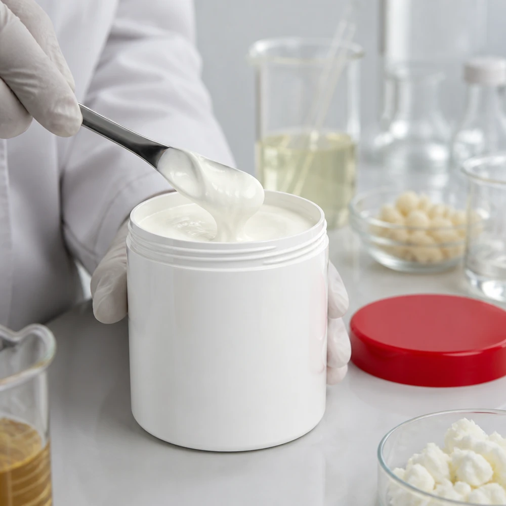 Słoik na maść 200g biały z czerwoną zakrętką (PP) Biały plastikowy słoik o pojemności 200 g z otwartą czerwoną zakrętką i kremowym nadzieniem