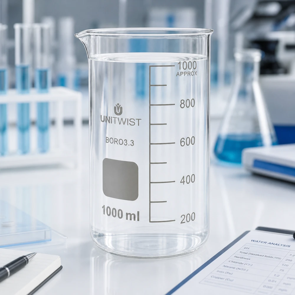 Szklanka UNITWIST o pojemności 1000 ml, wysoka, z borokrzemianu 3.3, z czystą wodą w profesjonalnym laboratorium