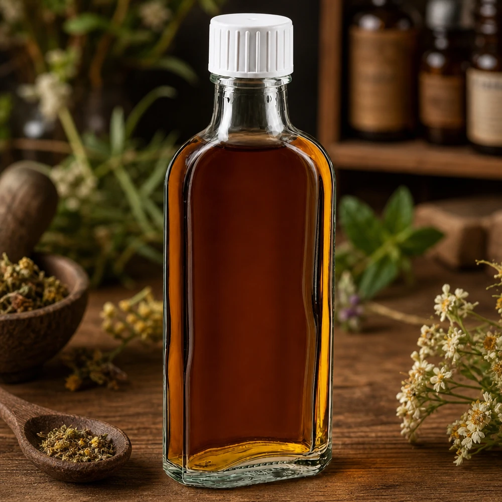 Płaska butelka Meplat o pojemności 100 ml, wykonana z przezroczystego szkła, z białą zakrętką, przeznaczona do nalewek ziołowych