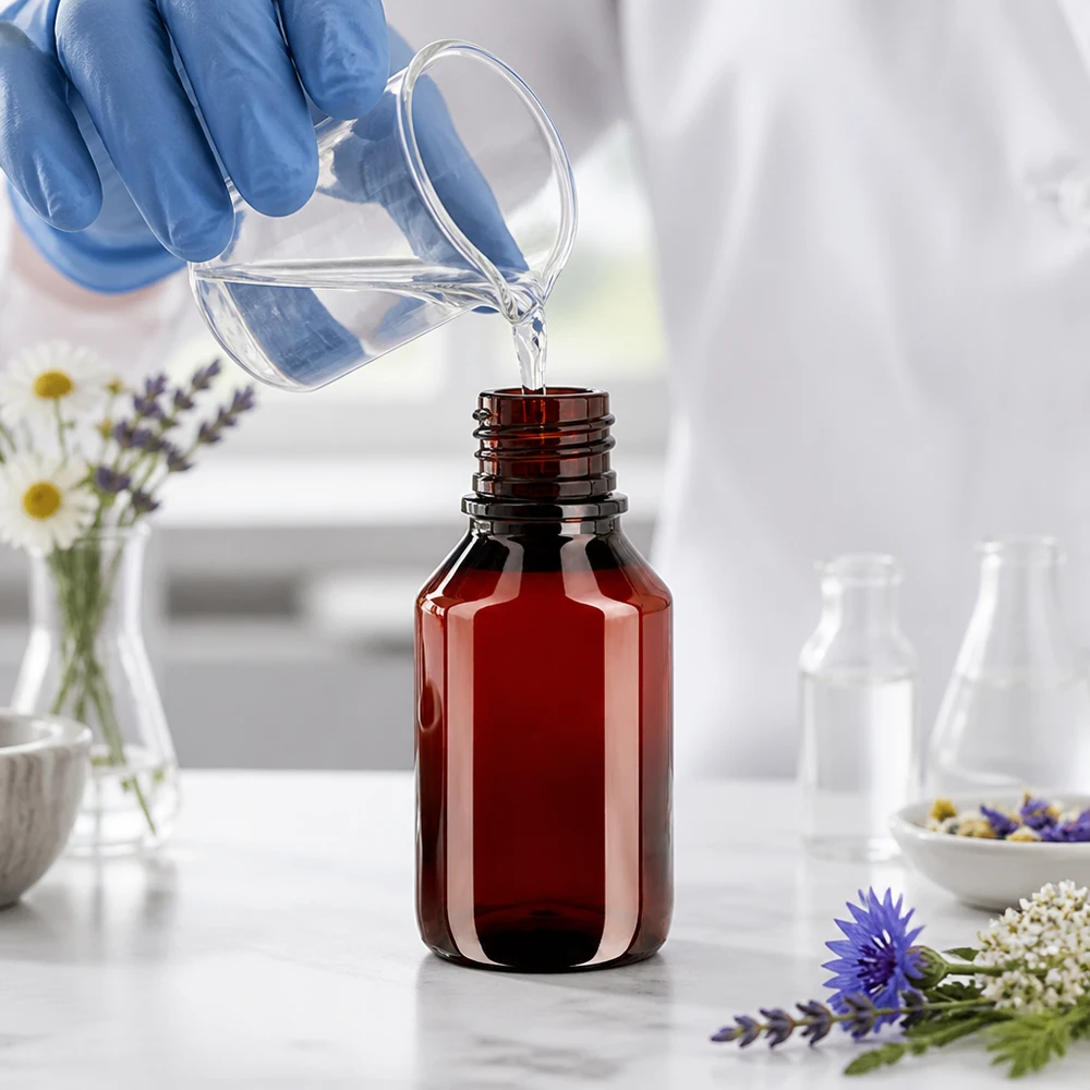 Handliche 50ml Flasche aus braunem PET Kunststoff mit OV Verschluss für Naturheilmittel