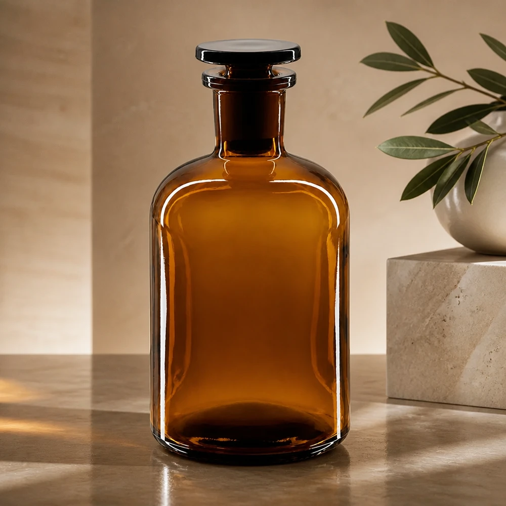 Okrągła butelka na ramię 250 ml z brązową wąską szyjką i szklanym korkiem Brązowa butelka szklana o pojemności 250 ml, z zaokrąglonymi ramionami, wąską szyjką i szklanym korkiem, z ochroną przed promieniowaniem UV, chroniona przed światłem