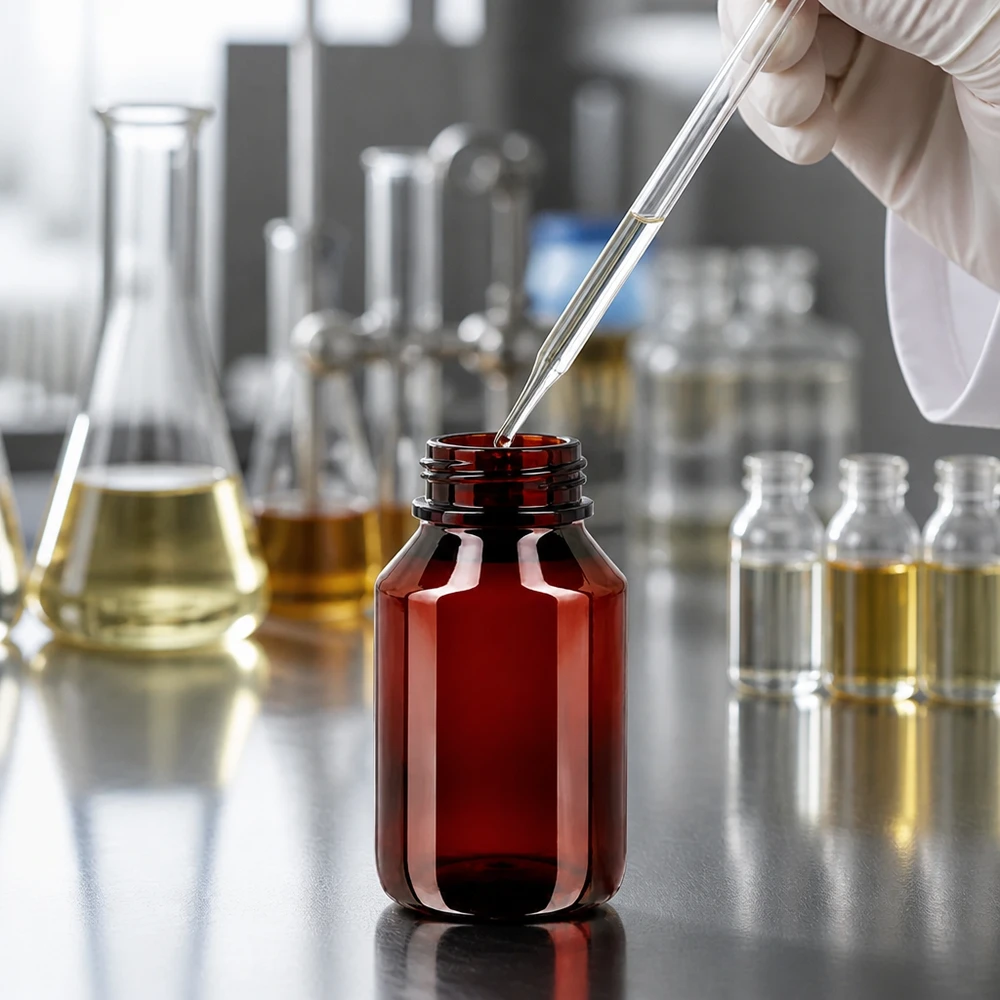Butelka chroniąca przed światłem o pojemności 50 ml, wykonana z PET, z oryginalnym zielonym zamknięciem, przeznaczona do płynów wrażliwych na światło