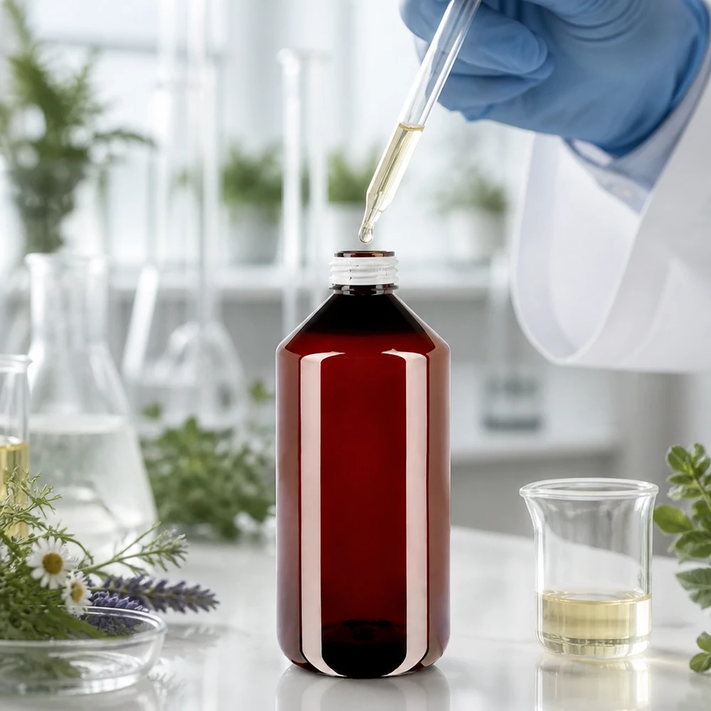Butelka PET 1000 ml z białym karbowanym OV Bursztynowa butelka PET o pojemności 1000 ml z białym zamknięciem zabezpieczającym w laboratorium