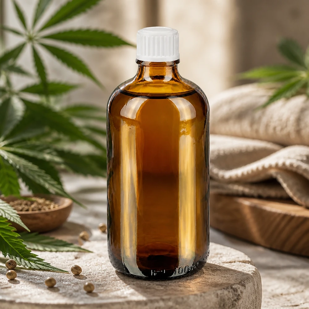 Szklana butelka o pojemności 100 ml w kolorze bursztynowym z białą nakrętką dozującą, przeznaczona do olejów CBD i naturalnych ekstraktów