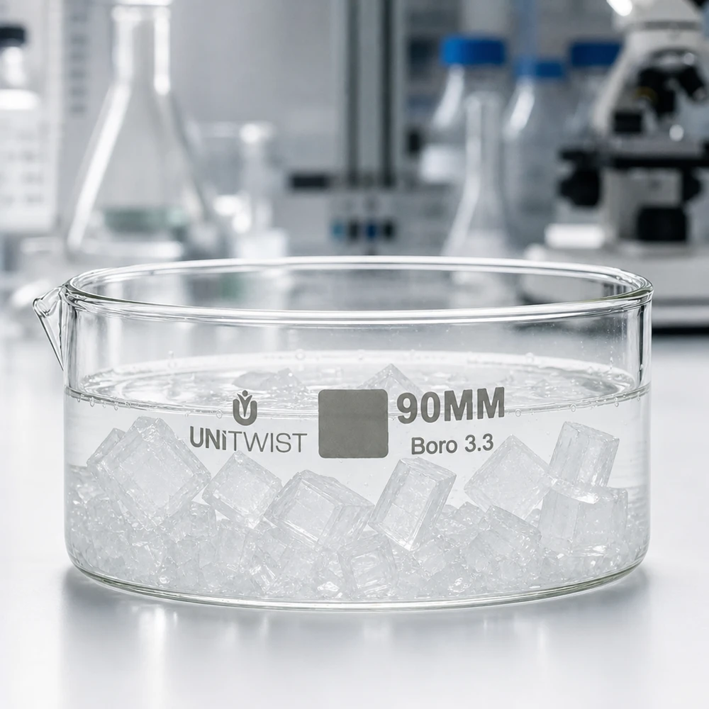 Naczynie krystalizacyjne ø90 mm ze szkła borokrzemowego UNiTWIST Płaska szklana miseczka o średnicy 90 mm z kostkami lodu, przeznaczona do zastosowań laboratoryjnych, wykonana ze szkła borokrzemowego UNiTWIST Boro 3.3