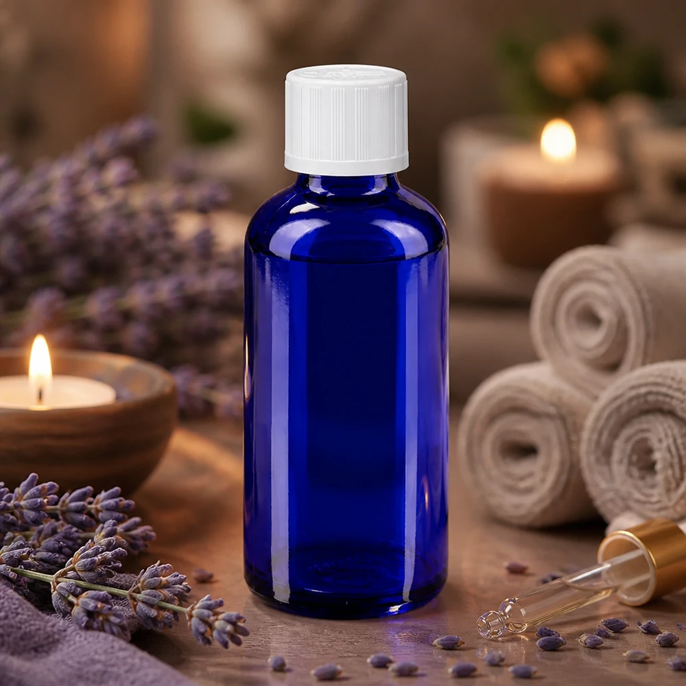 Butelka apteczna niebieska 50ml zakrętka biała KiSi St Niebieska szklana butelka o pojemności 50 ml z białym zamknięciem zabezpieczającym przed dziećmi, umieszczona wśród kwiatów lawendy i świec