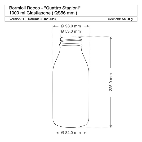 Butelka szklana 1000 ml „Quattro Stagioni” z pokrywką Rysunek techniczny szklanej butelki Quattro Stagioni 1000ml o wymiarach, średnica 82mm, wysokość 225mm, waga 543g