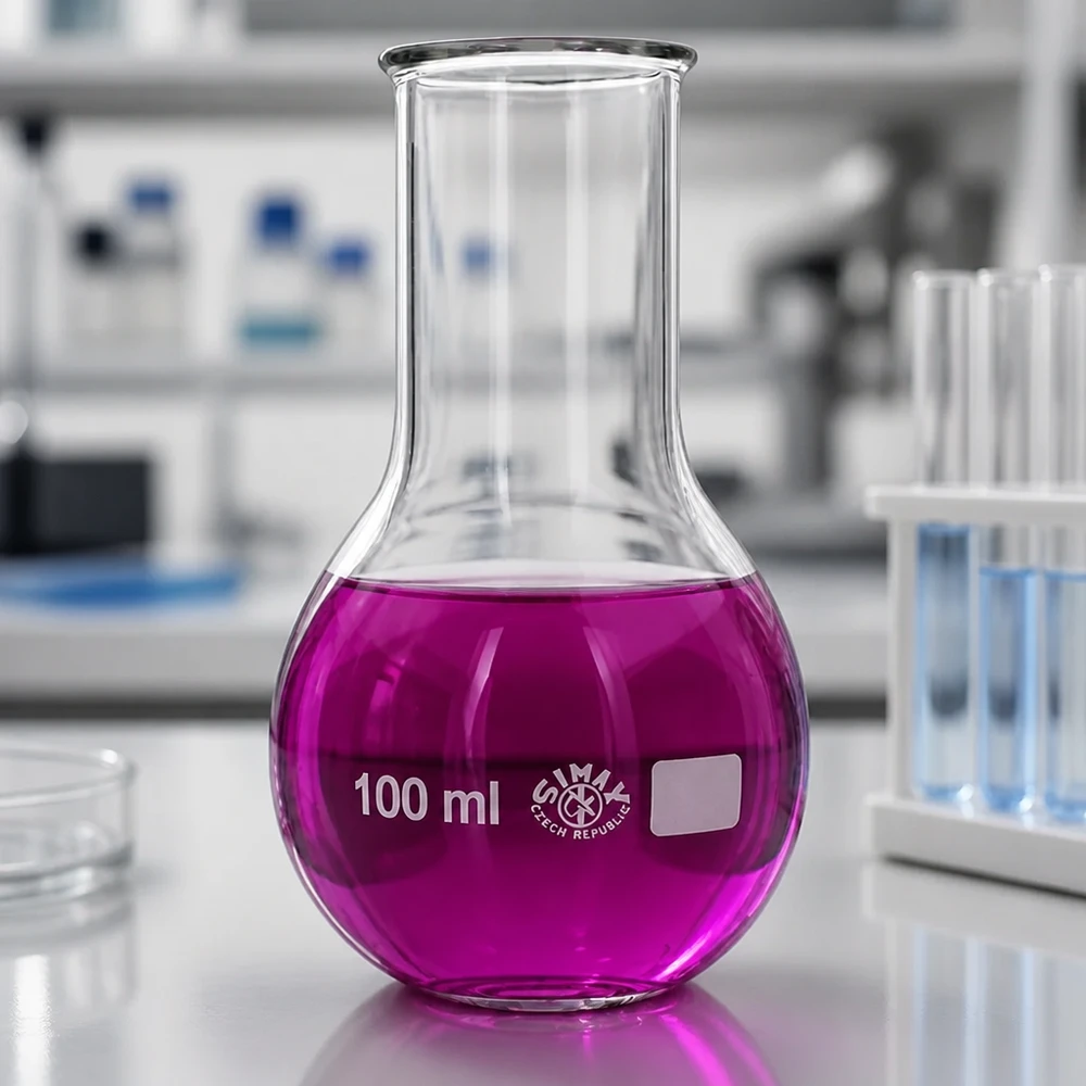Kolba okrągłodenna o pojemności 100 ml z kulistą podstawą i długą szyjką zapewniającą optymalną dystrybucję ciepła