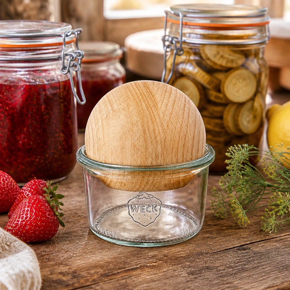 Kubki 200ml WECK RR80 z drewnianą kulką buk Słoik WECK 200ml RR80 w naturalnym środowisku kuchennym ze słoikami do przetworów i świeżą żywnością
