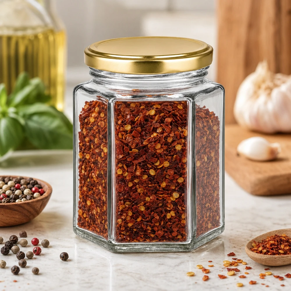 250g słoik miodu sześciokątny BasicSeal wypełniony przyprawą chili w kuchni przypraw pomiędzy ziarnami pieprzu i ziołami
