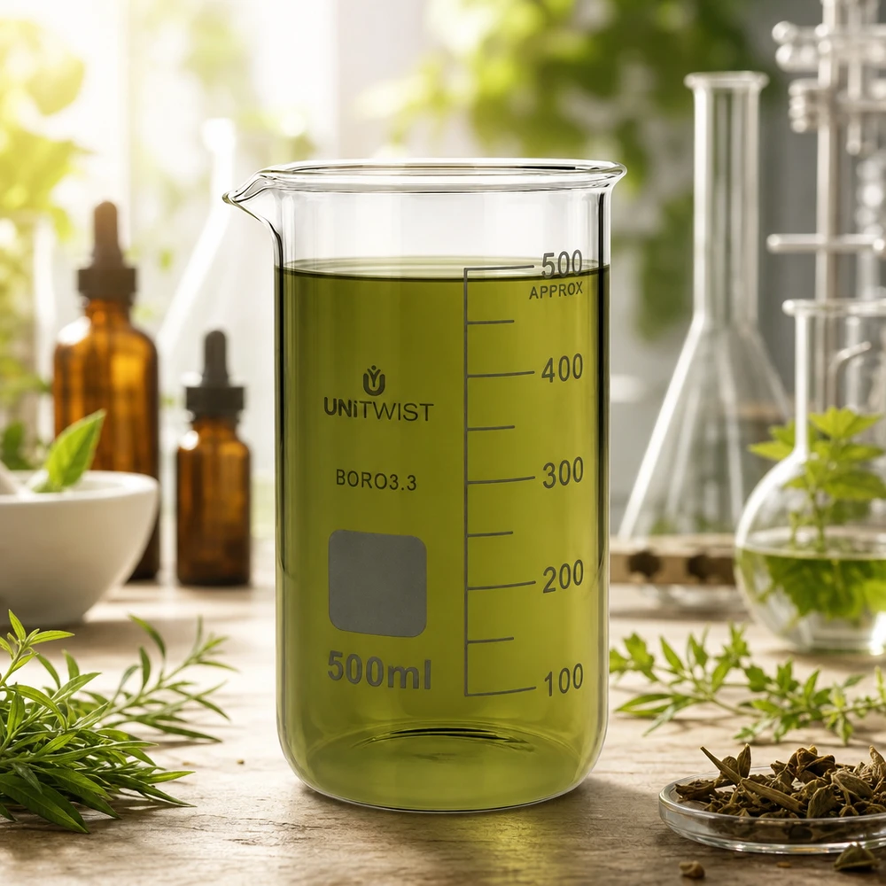 Szklanka UNITWIST o pojemności 500 ml, wysoka, z zielonym ekstraktem roślinnym otoczonym świeżymi ziołami