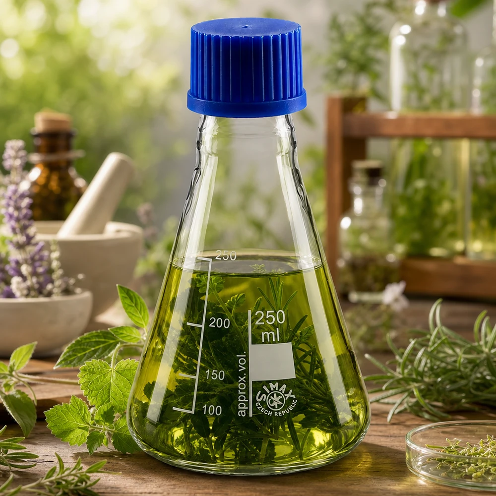 Kolba Erlenmeyera 250 ml z zakrętką Kolba Erlenmeyera 250 ml z oznaczeniami pomiarowymi i niebieskim korkiem do dokładnego określania objętości