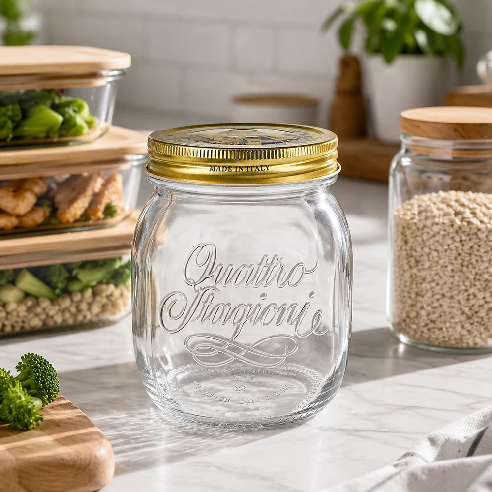Słoik okrągły 700 ml „Quattro Stagioni” z pokrywką Quattro Stagioni 700ml okrągły słoik pusty w nowoczesnej kuchni z pojemnikami na posiłki i słoikami do przechowywania Organizacja kuchni