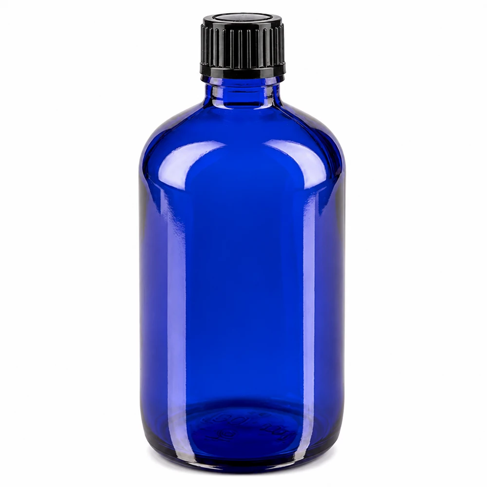 Butelka apteczna niebieska 100ml zakrętka czarna szt. Niebieska szklana buteleczka apteczna o pojemności 100 ml z czarną zakrętką 11 mm